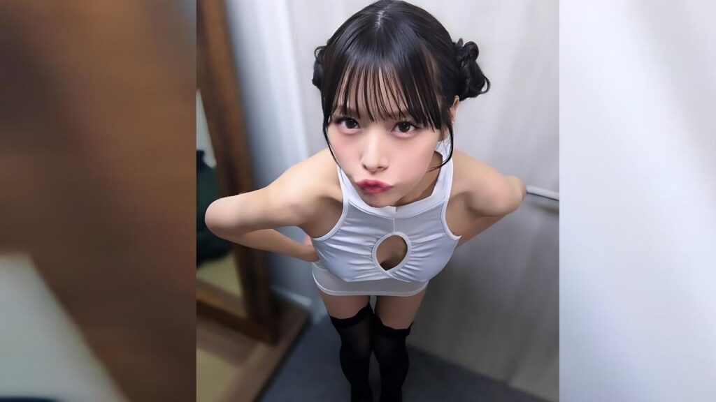 Nana Yagi with two buns and bangs wears a sleeveless top with a circular chest cutout and black thigh-high socks, pouting.