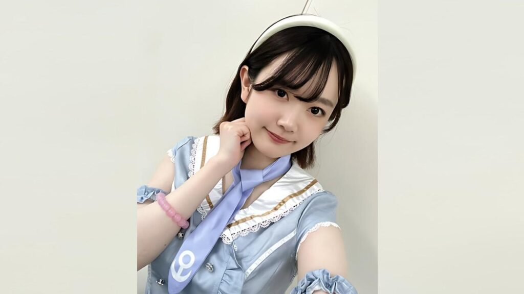 Sakura Miura with short dark hair in a light blue lace top and white headband, posing with chin on her hand against pale wall.
