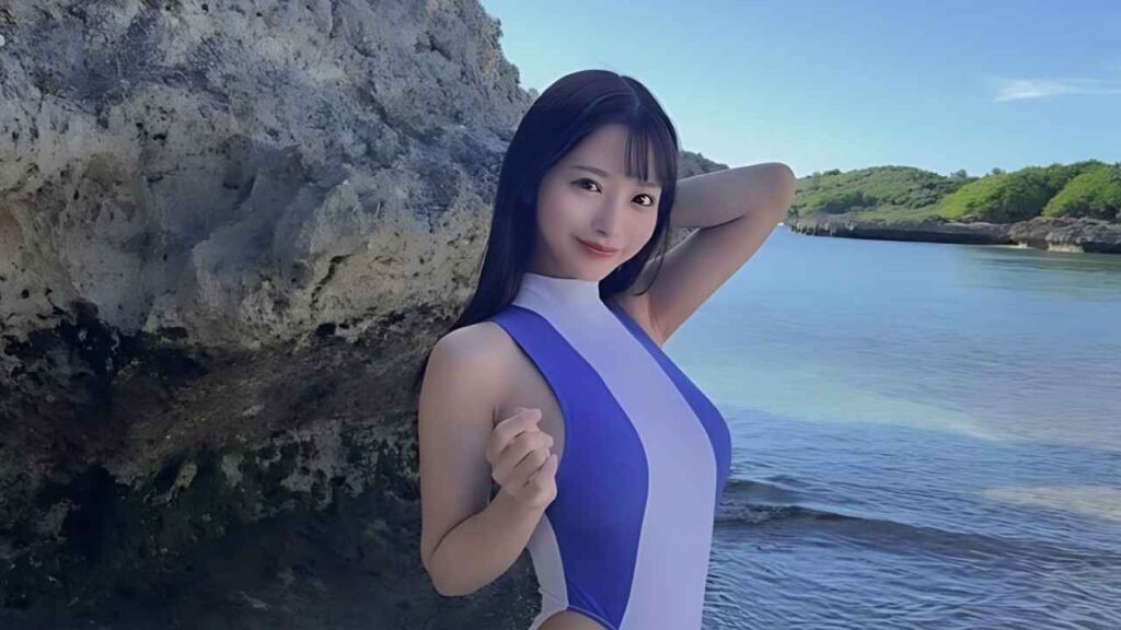 Yua Fukuda in a purple and white sleeveless swimsuit poses by a rocky shore, smiling at the camera with blue water nearby.