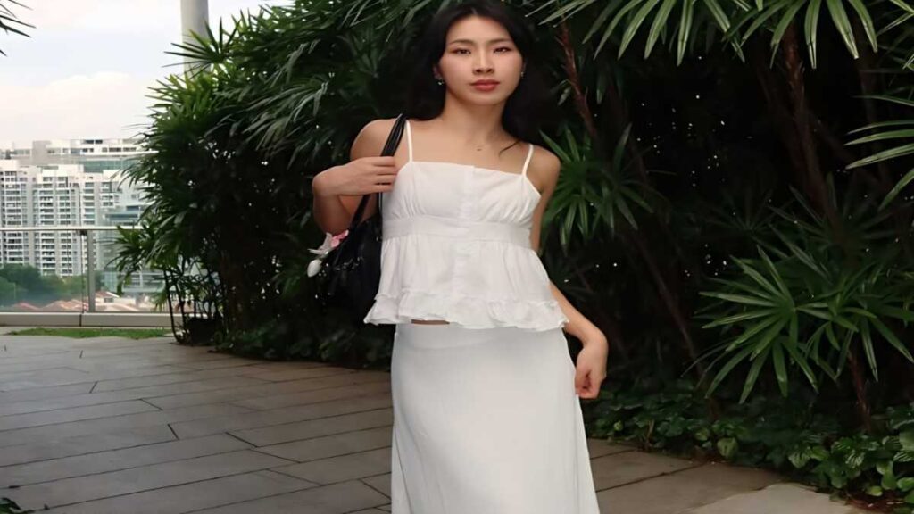 Zoey Lee in a white sleeveless peplum top and long skirt stands on a tiled path, holding a black bag beside lush tropical plants.