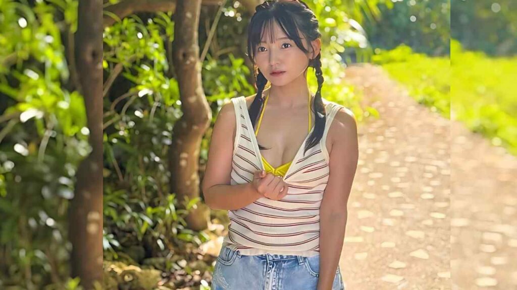 Ayana Nishinaga with braided pigtails stands on a garden path, lifting her striped top to reveal a yellow bikini top and shorts.