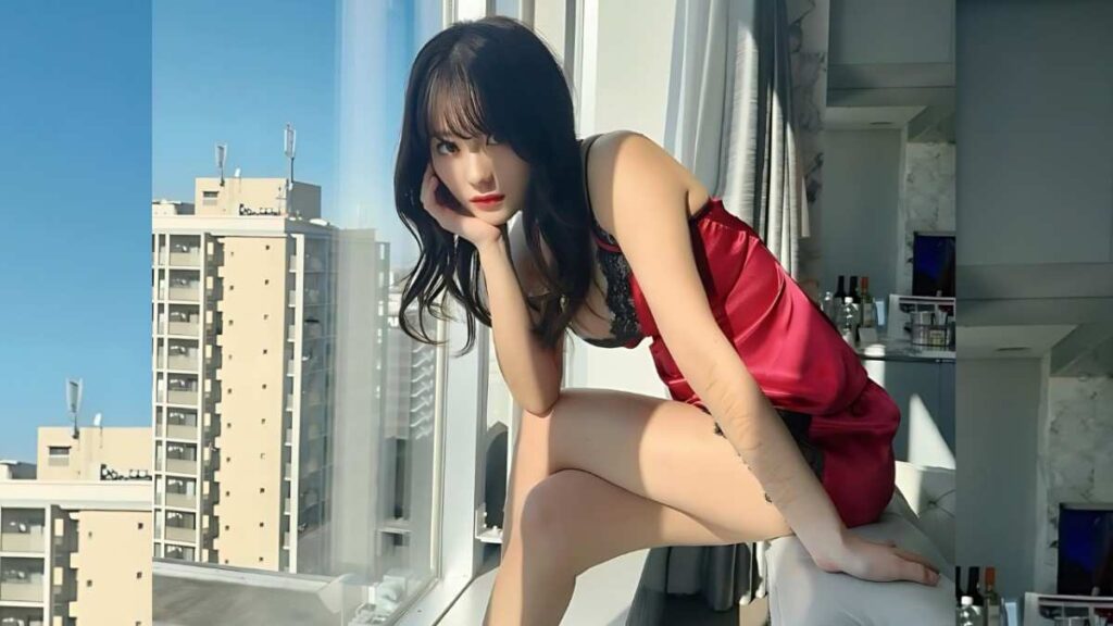 Miku Tanaka Red satin slip with black lace, she sits on a window sill, chin on her hand, gazing at the camera with cityscape beyond.