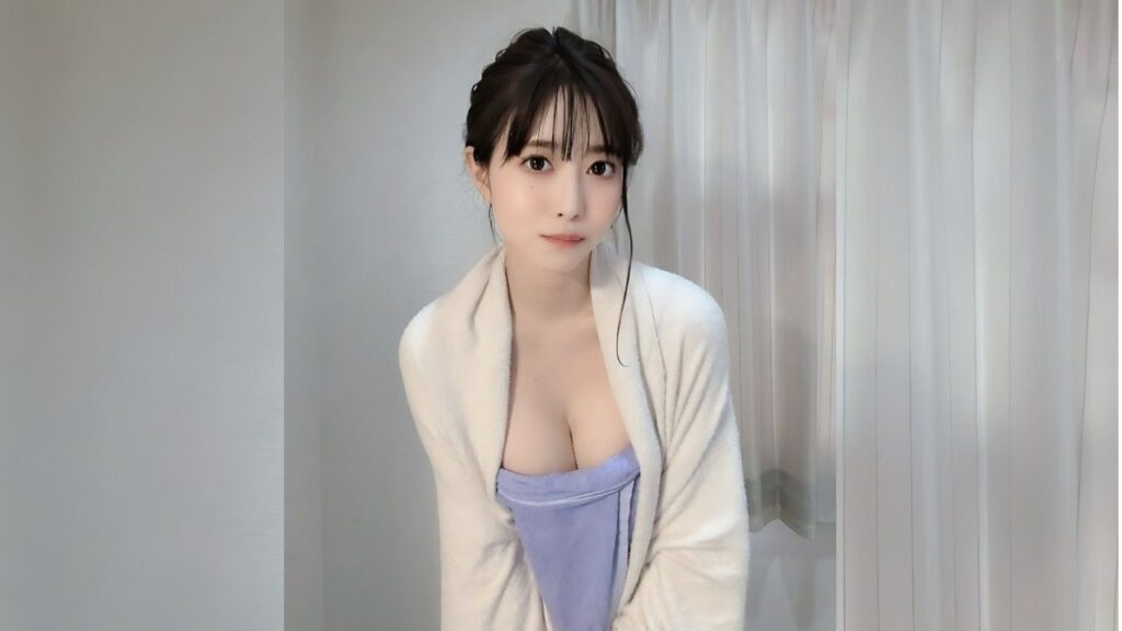 Tomo Shiraiwa with a dark updo wears a cream cardigan over a lavender top, leaning toward the camera.