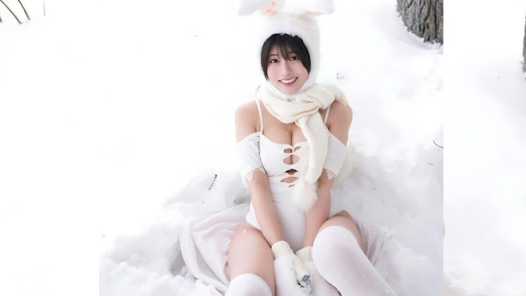 Yoshino Chitose in a white bunny outfit sits in the snow, wearing bunny ears, fluffy scarf, and a cutout top.