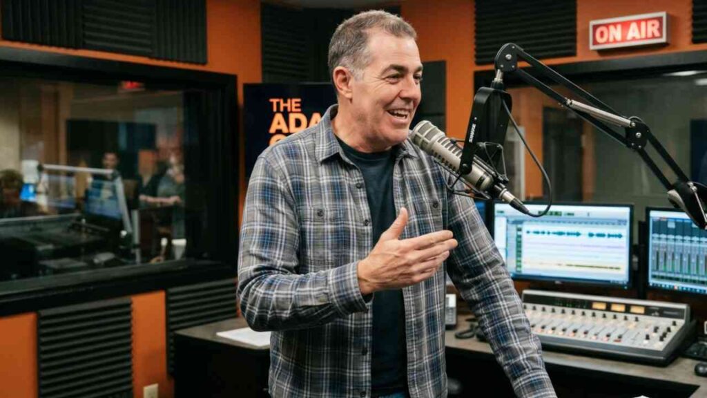Adam Carolla in a plaid shirt speaks into a studio mic, gesturing with his hand as monitors and on-air sign glow behind him.