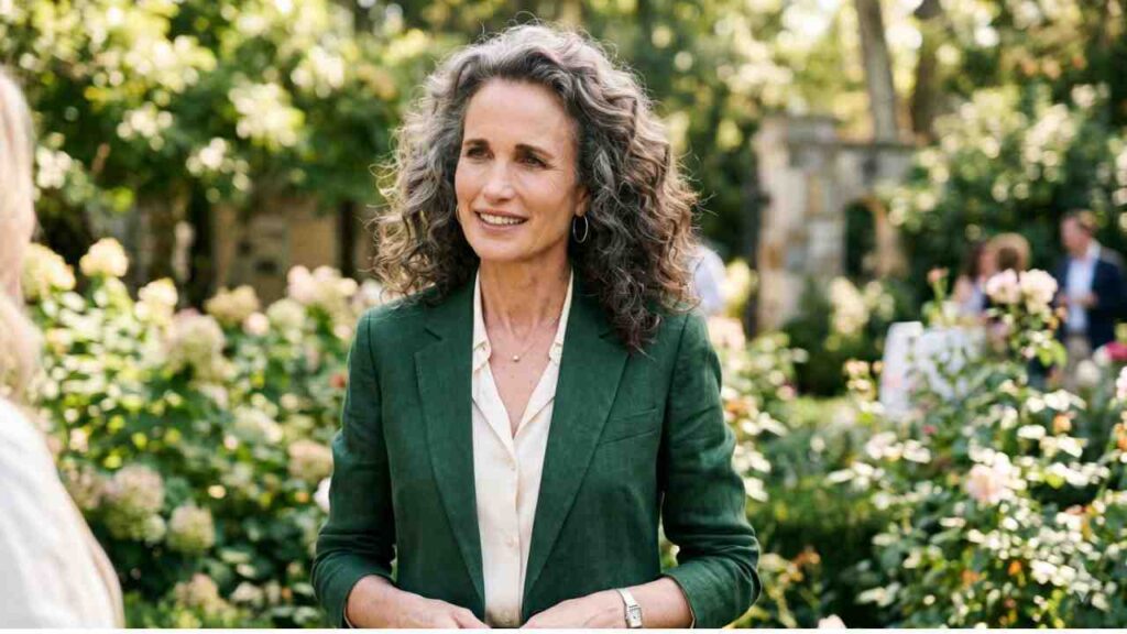 Andie MacDowell in a green blazer chats outdoors at a sunlit garden event, surrounded by blooms.