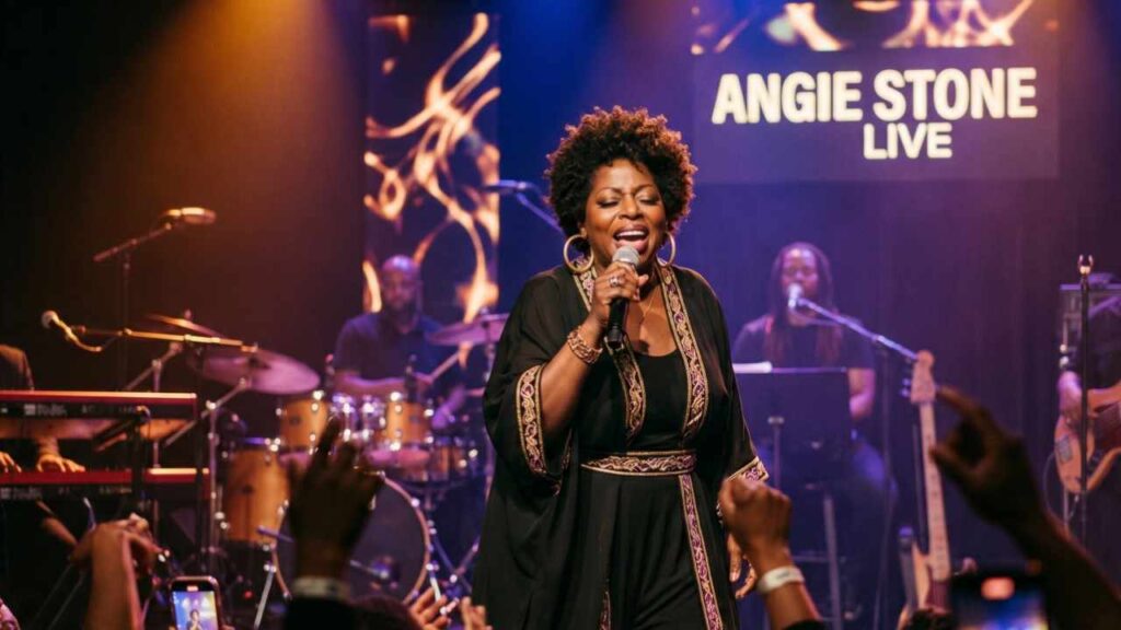 Angie Stone on stage, black outfit with gold trim, singing into a mic as the band plays behind; audience raises hands.