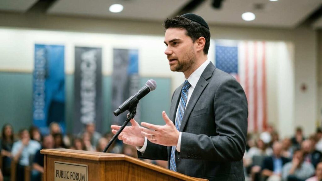 Ben Shapiro in gray suit with blue striped tie speaks at podium with microphone; man wearing a kippah, audience blurred behind.
