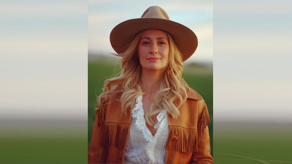 Beth Behrs in a tan wide-brim hat and fringed suede jacket over a white lace blouse, outdoors in a green field at sunset.