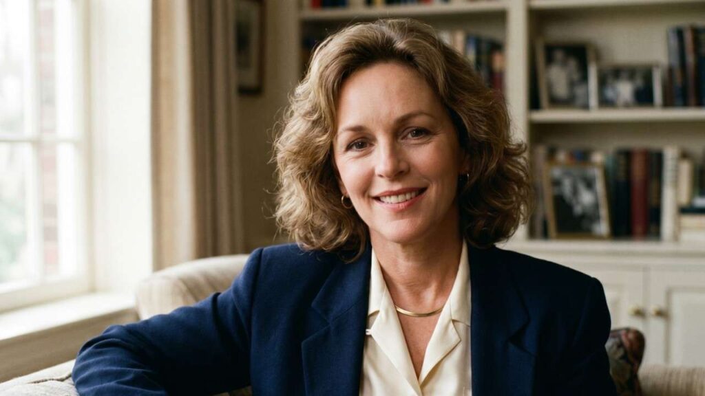 Bonnie Bedelia with shoulder-length curly blonde hair sits on a light sofa in a sunlit living room, wearing a navy blazer.