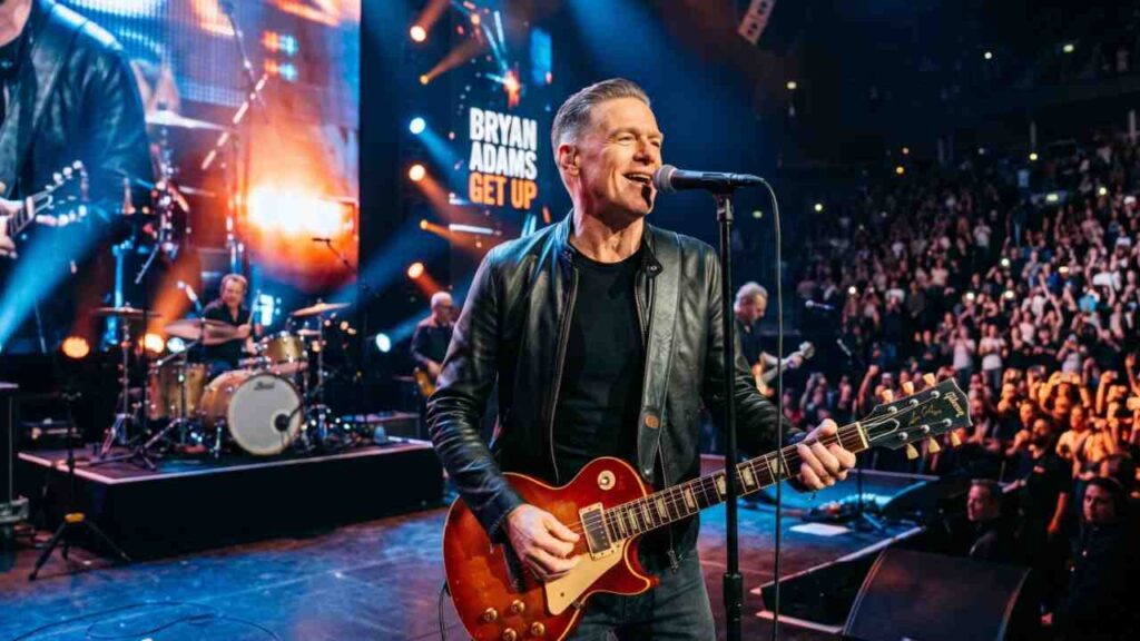 Bryan Adams in a black leather jacket plays a sunburst Les Paul on a packed stage, mic in hand, with blue and orange lights.