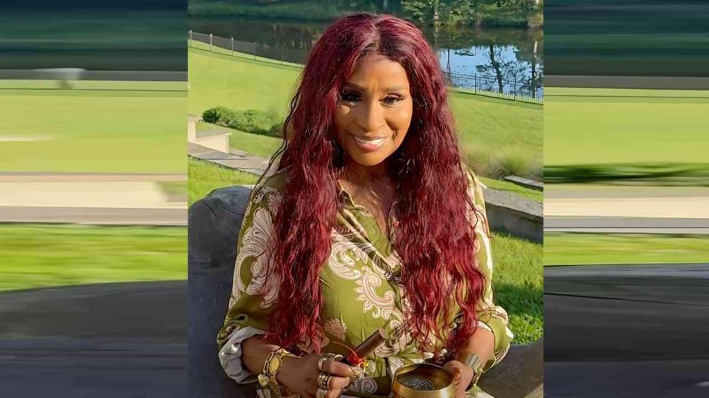 Chaka Khan with long burgundy wavy hair sits on a park bench in a sunlit grassy area by a pond, wearing an olive paisley blouse and bracelets, holding a small round object.