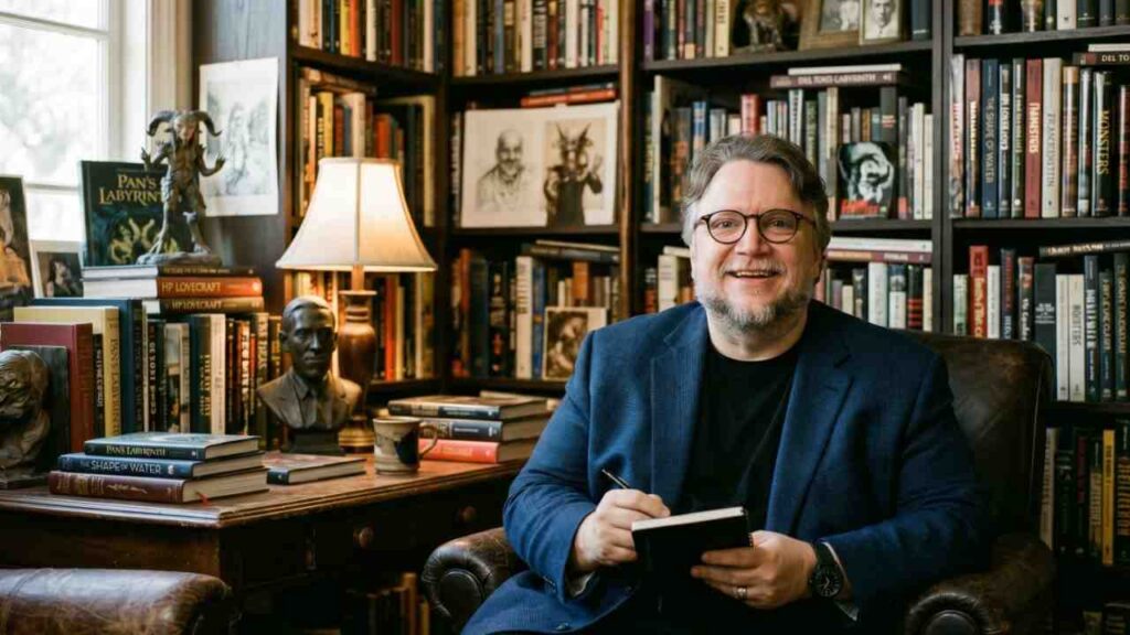 Guillermo del Toro with glasses in a blue blazer and black shirt sits in a cozy, bookshelf-lined study, writing in a notebook.