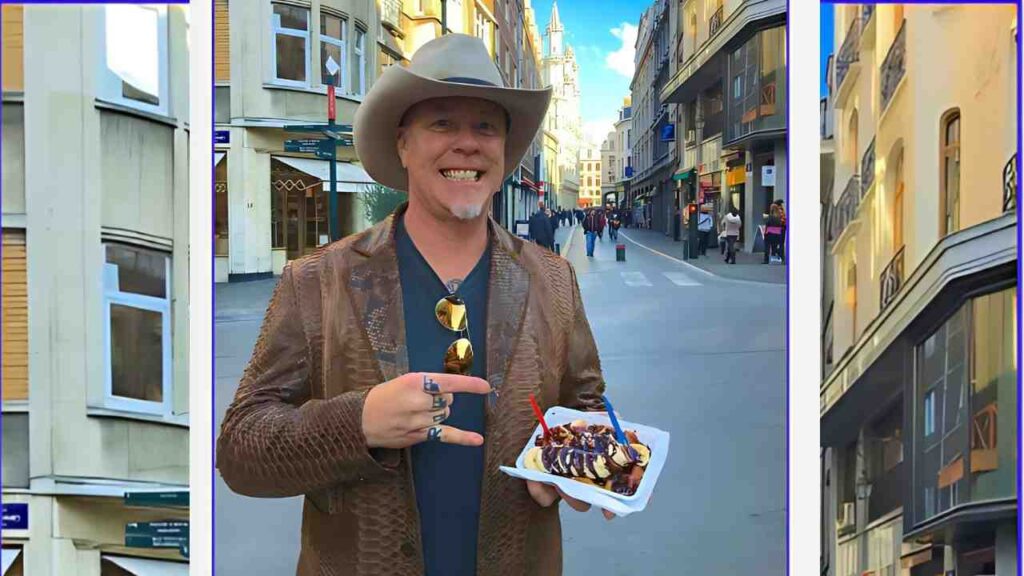 James Hetfield in a light cowboy hat and brown textured jacket stands on busy city street, holding dessert with chocolate sauce