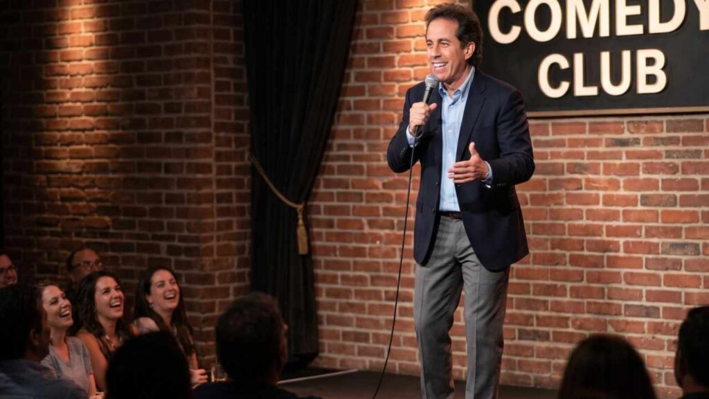 Jerry Seinfeld in a navy blazer performs on a brick-walled comedy club stage, microphone in hand, audience laughing.