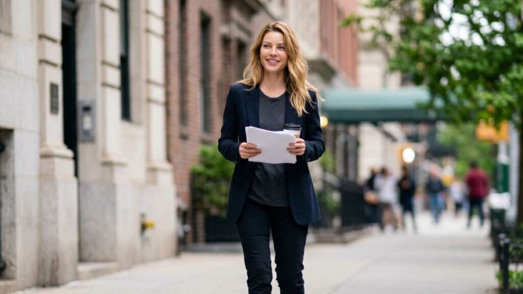 Lauren German in a dark blazer and gray tee holds papers and a coffee while strolling city sidewalk.