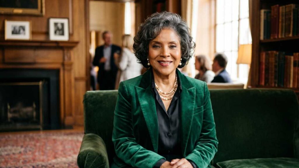 Phylicia Rashad sits on a green velvet sofa in a wood-paneled library, wearing emerald blazer and pearl necklace, smiling.