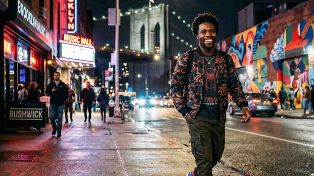Shameik Moore in a colorful bomber jacket walks toward the camera on a wet Brooklyn street at night, neon signs and mural walls nearby.