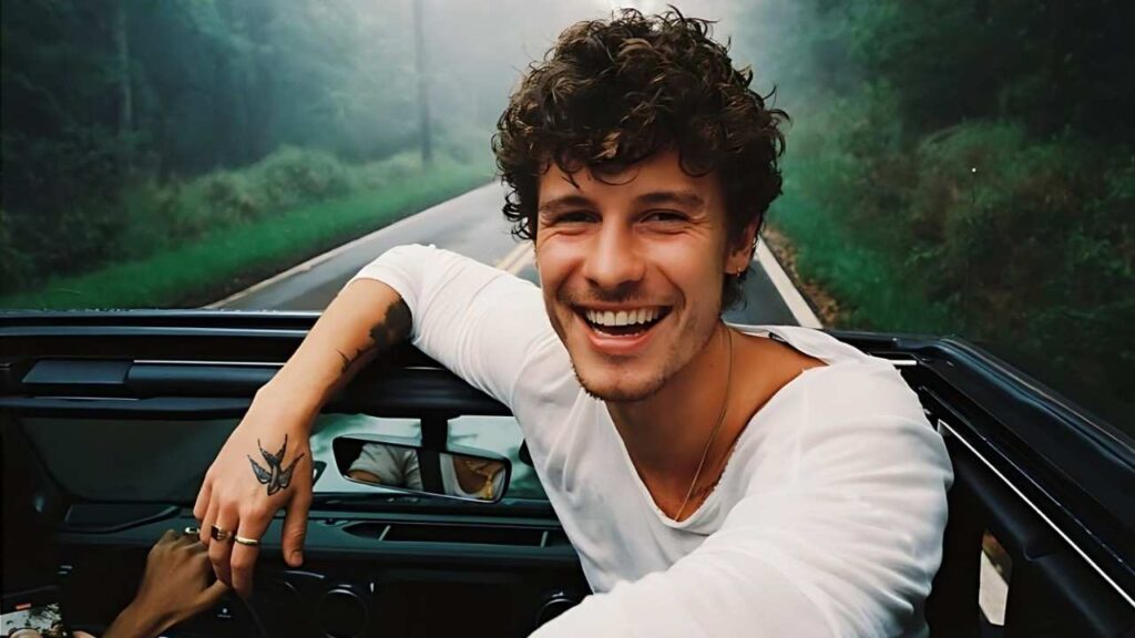 Shawn Mendes with curly hair leans from a convertible's open top on a forest road, white shirt, bird tattoo on his left hand.