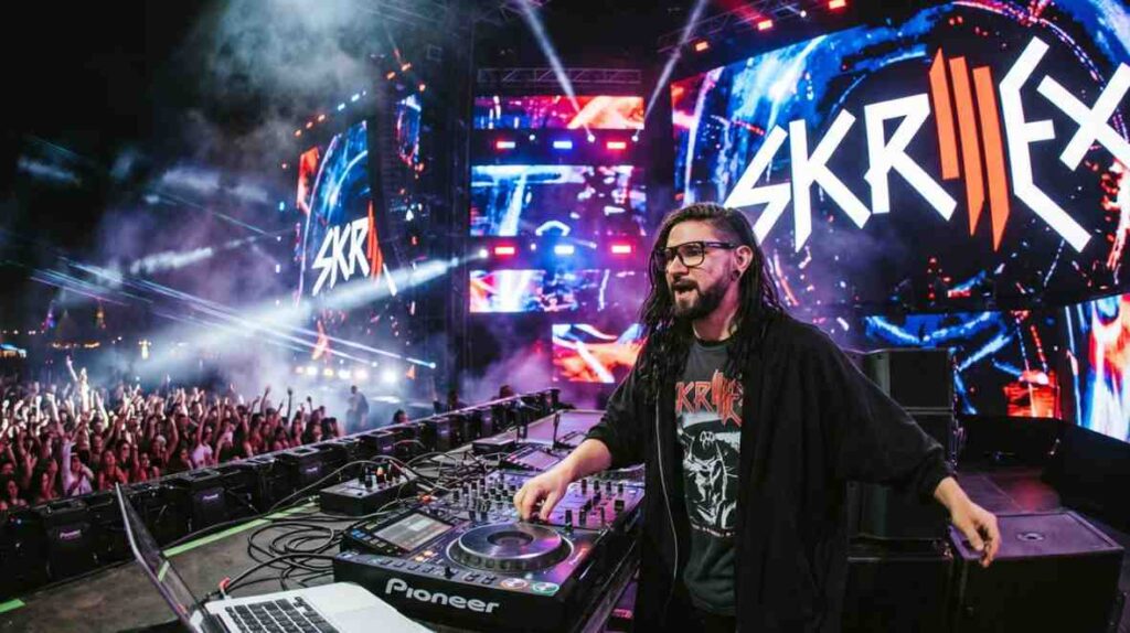 DJ with glasses and long hair spins at a crowded stage, Pioneer mixer visible in foreground, Skrillex backdrop pulsing with lights.