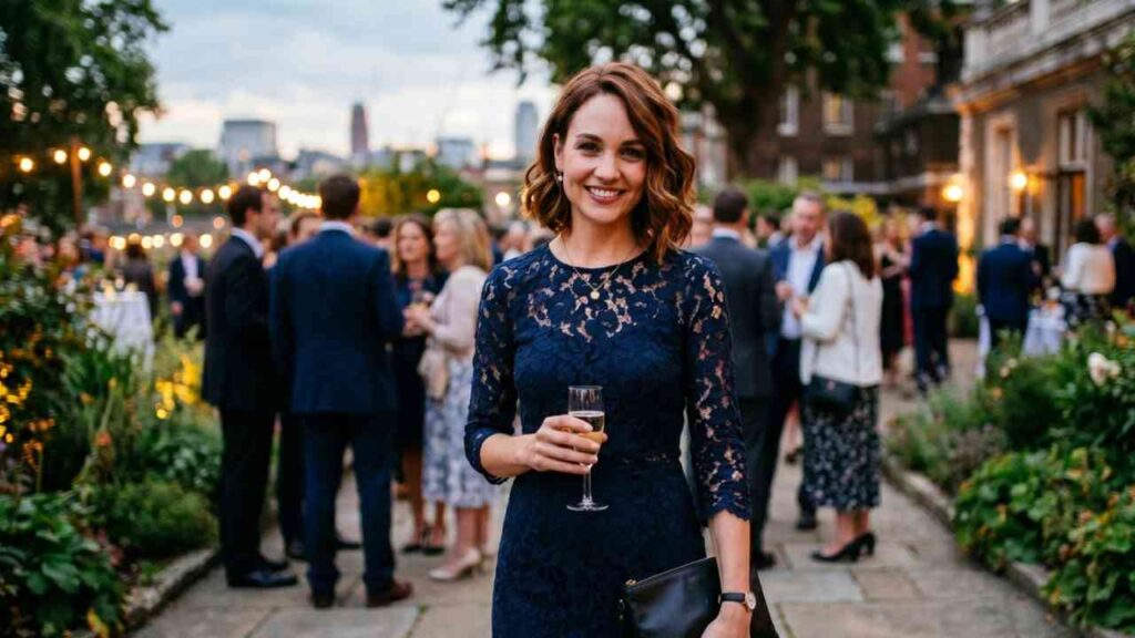 Tuppence Middleton in navy lace dress holds a champagne glass at a garden party, clutch in hand, string lights in the background.