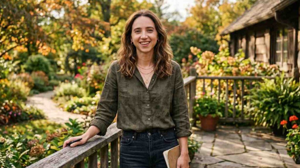 Zoe Kazan with wavy brown hair in olive blouse and dark jeans stands on a wooden deck, holding a notebook, garden behind.