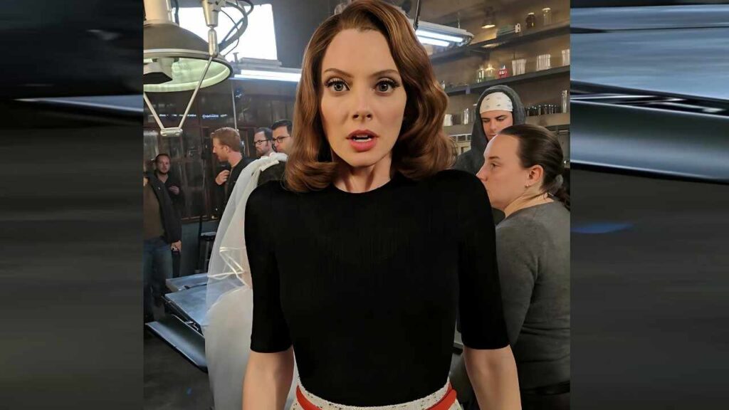 April Bowlby with vintage red hair and black top, white-and-red belt, on a busy film set with crew and lights behind.