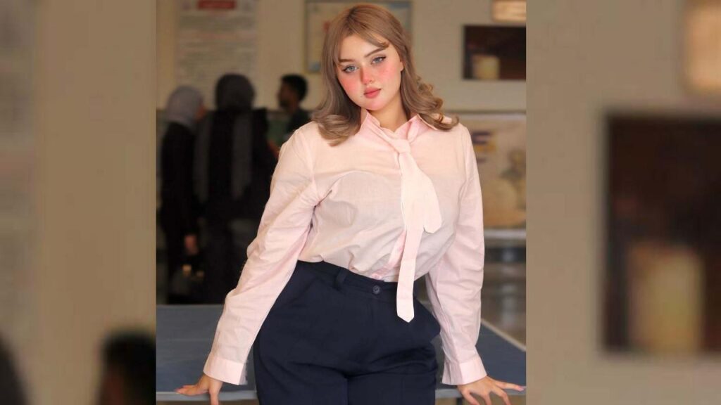 Bassant Eldaly with wavy light-brown hair in a pale pink blouse tied at the neck and dark high-waisted pants, leaning on table.