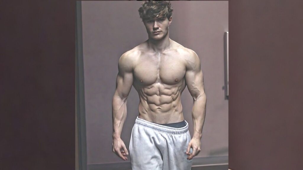 Jason Bjarnson with six-pack abs and defined chest stands in a muted gym-like room, wearing white sweatpants.