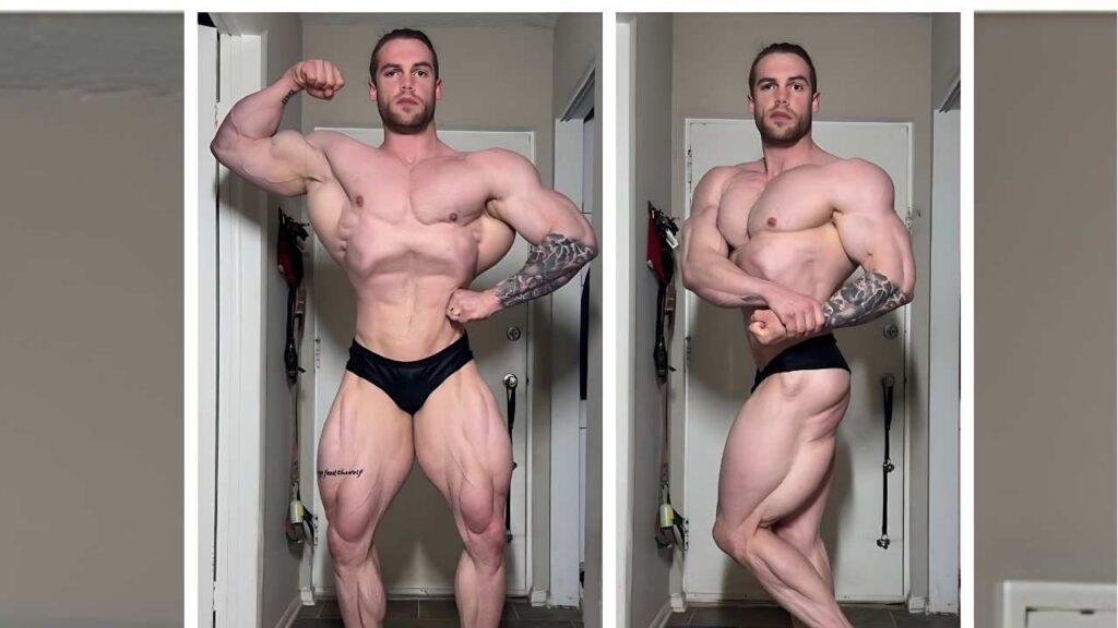Two-panel shot of a heavily muscular Justin Badurina in black briefs posing in a doorway; left flexing bicep, right side pose.