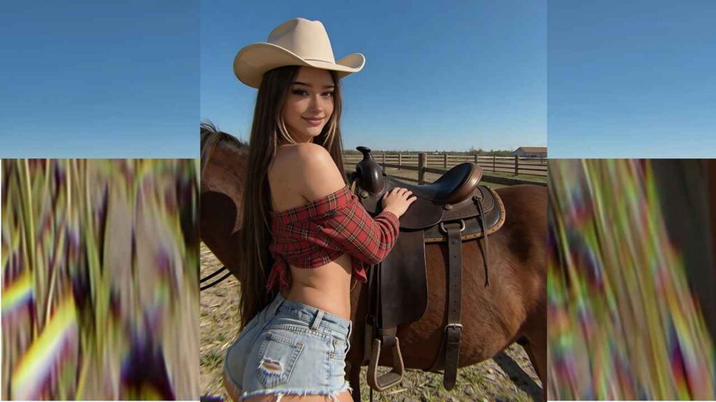 Liudmi Ten in a beige cowboy hat and red plaid off-shoulder top stands beside a saddled horse on a sunny ranch.