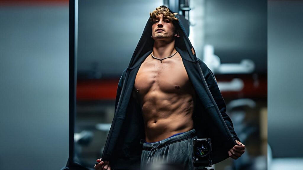 Merik Hodgins with tousled blond hair, open black hoodie and necklace, posing in a moody studio.