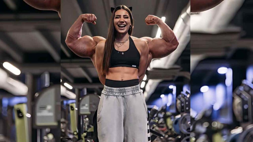 Stella Caldirola in a gym flexes large biceps, wearing a black sports bra, gray joggers, and cat-ear headband; gym equipment blurred behind.