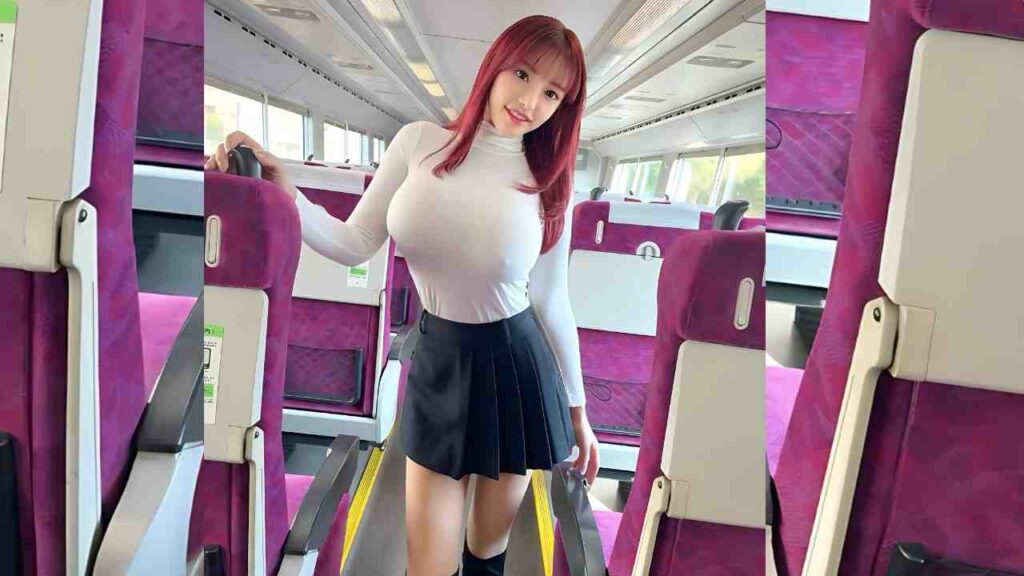 Yuu Sakura with red hair in a white turtleneck and black pleated skirt stands inside a purple train car, smiling at camera.