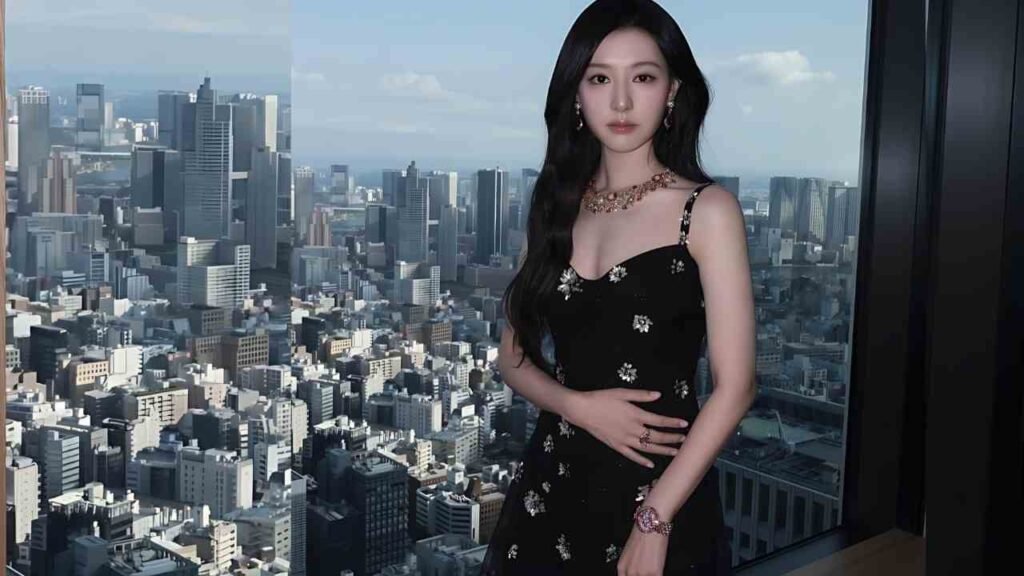 Do Ji-won (도지원) in a black dress stands gracefully in front of a large window, with natural light illuminating her figure.