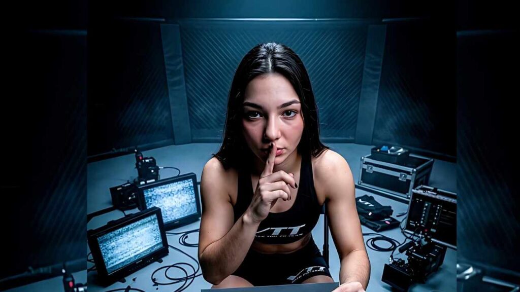Kalindra Faria in a black athletic top sits in a blue-lit studio, finger to lips in a shushing gesture, surrounded by monitors and video gear.