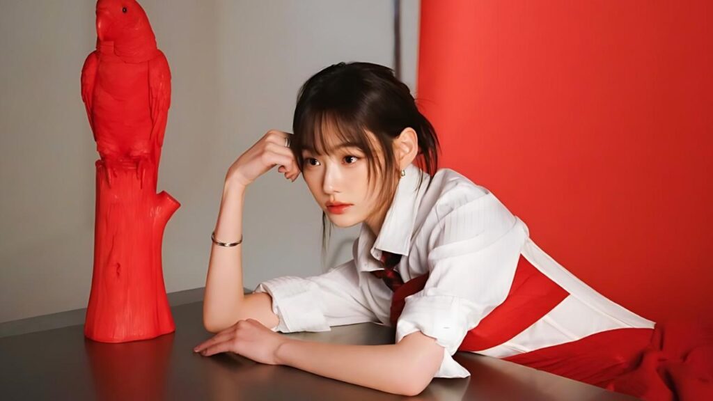Kang Mi na in white shirt with a red sash rests on a table, gazing thoughtfully beside a red parrot sculpture and backdrop.