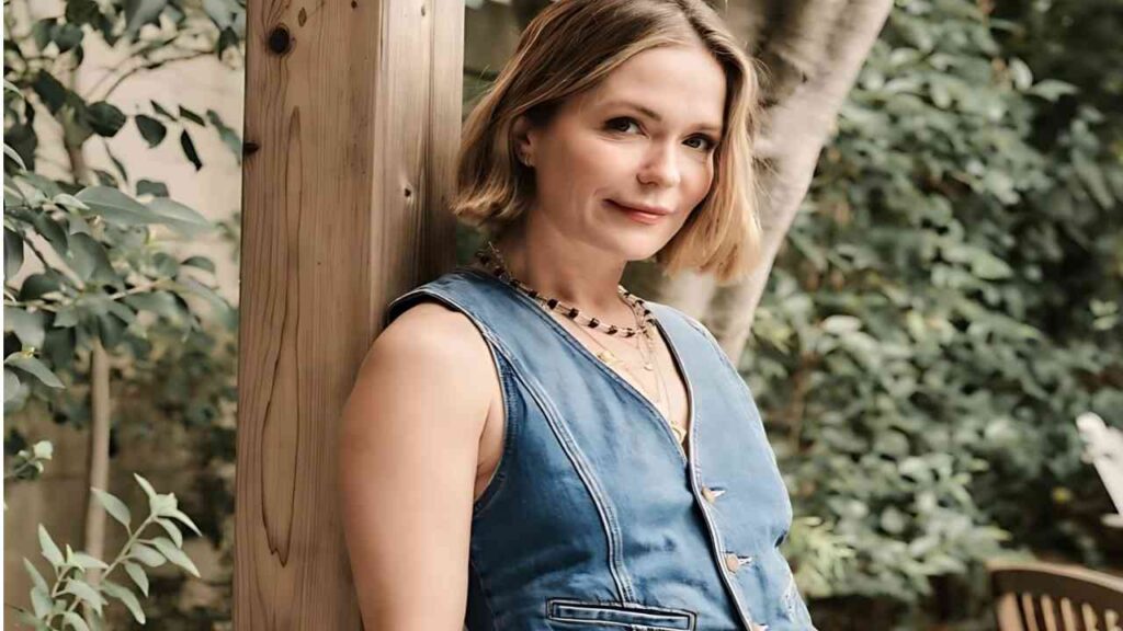 Katie Aselton with a short blonde bob leans against a wooden post, wearing a sleeveless denim vest in a leafy garden.
