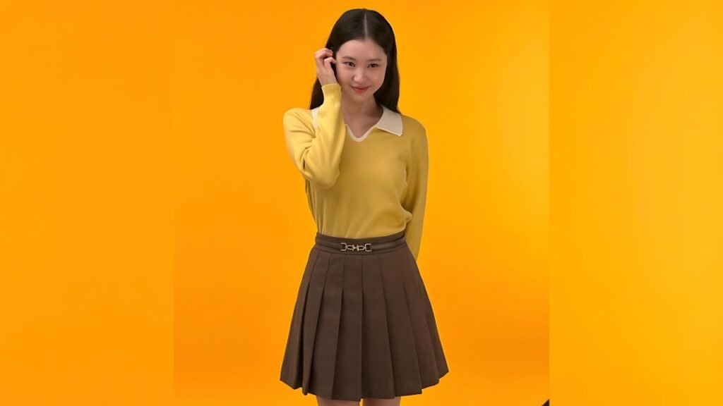 Kim Ye-won (김예원) wearing a yellow shirt and a brown skirt stands confidently, smiling at the camera.