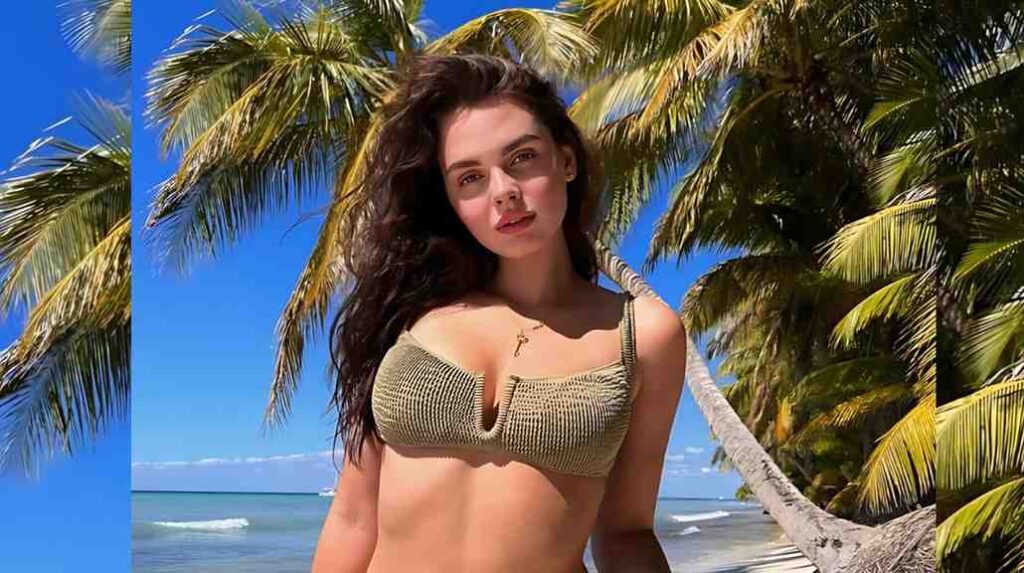 Lilit Ariel with a woman in a beige ribbed bikini top, wind-swept hair, and blue ocean behind.