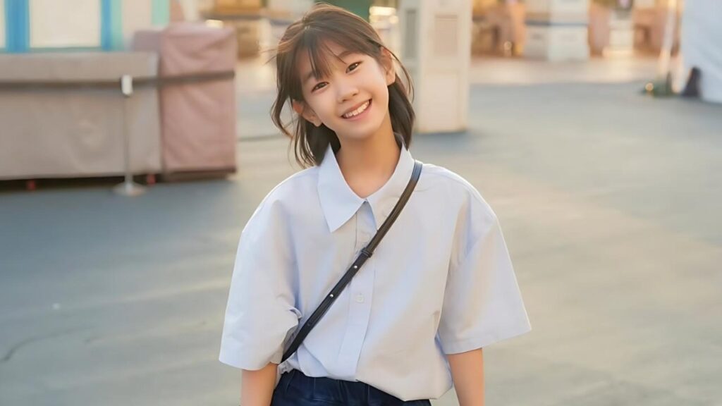 Park So-yi with short hair in a light blue oversized shirt and crossbody bag, outdoors on a sunlit day.