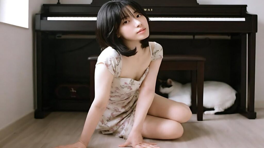 Shin Se-hwi in a floral dress kneels on a light wooden floor beside a black upright piano, a cat under the bench.