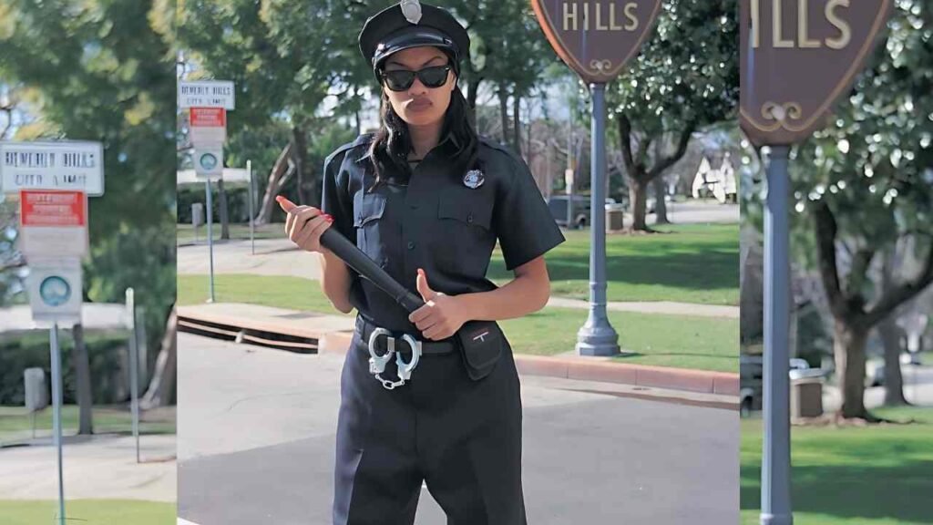 Cherry Lee in a police uniform stands confidently, holding a baton in her right hand, ready for duty