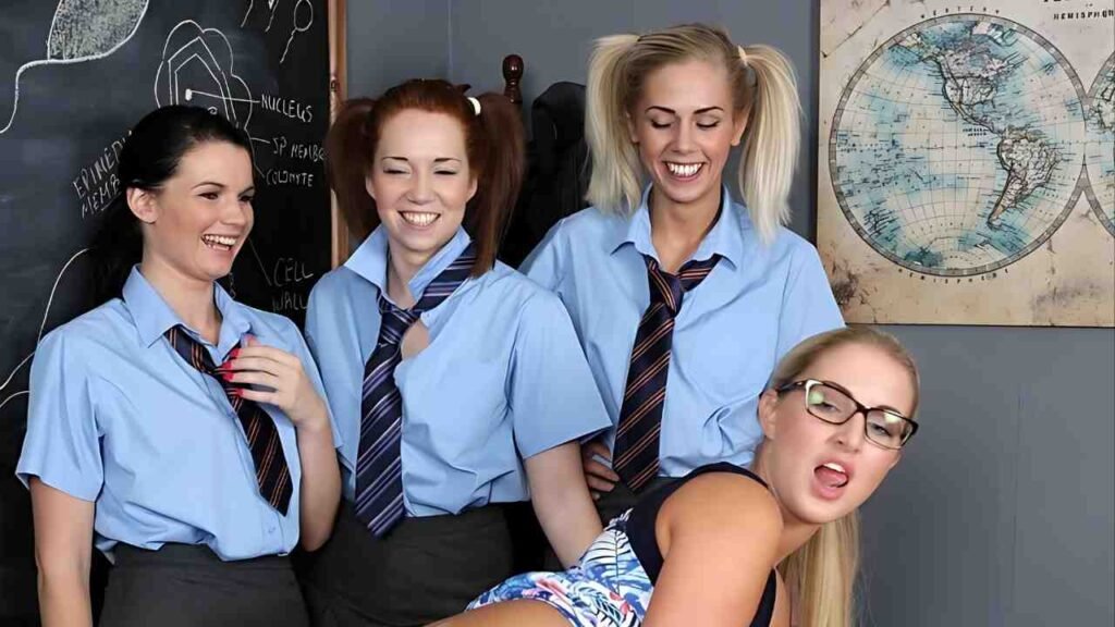 Four schoolgirls in blue shirts and striped ties pose in class; Chloe Vegas with glasses leans smiling as others stand by board.