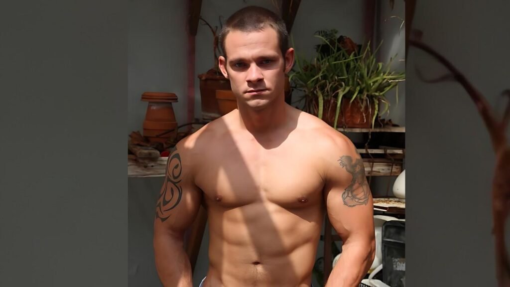 Cooper Reed with tribal tattoos on both arms poses in a sunlit garden, gazing at the camera.