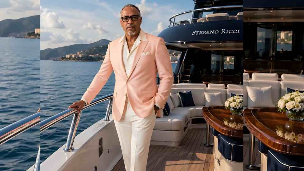 Julian St Jox in a peach suit stands on a luxury yacht deck, with blue ocean, cushioned seating, and a polished table behind him.