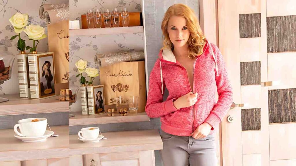 Lana Blue in a pink zip hoodie stands by a light wooden counter, shelves with roses, gift boxes, and glassware behind.