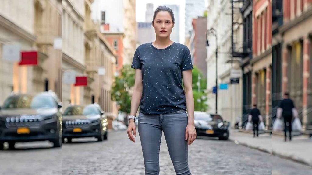 Lonneke Engel stands on center street, wearing a navy speckled T-shirt and gray jeans, with a white watch and parked cars behind.