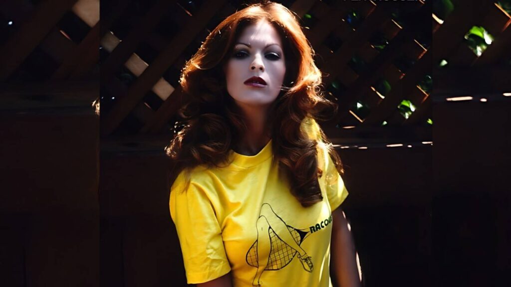 Mariwin Roberts in a yellow graphic T-shirt with leg-drawing stands against a sunlit lattice fence, bold makeup and wavy hair.