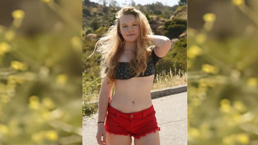 Oakley Jacobs with a smiling young woman standing on a road in a black floral crop top and red shorts, hand in her hair.